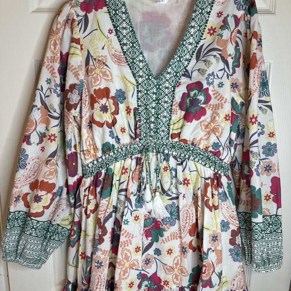 Kaktus Floral Bead Trim Tiered Dress Small Multi Boho Mini Balloon Slv - Picture 4 of 9